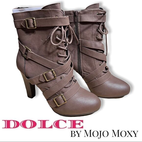 Womens New Dolce by mojo moxy 4" Heel Side Zip and Lace Up Faux Leather Boots - Picture 1 of 8